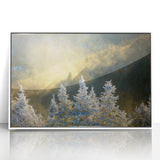 Acrylic print of Blue Ridge Mountains in muted blues and greens, framed in white, ideal for modern nursery wall art.