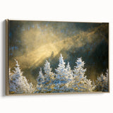 Framed canvas featuring a vintage-style landscape painting of the Blue Ridge mountains in muted gold and black tones.