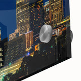 Acrylic print of a large abstract depiction of Charlotte's skyline in muted blue and gray, ideal for dining room art.