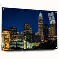 Acrylic print of Charlotte skyline in muted blue tones, ideal for bedroom or dining room wall art.