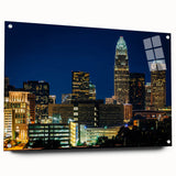 Acrylic print of Charlotte skyline in muted blue tones, ideal for bedroom or dining room wall art.