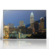 Acrylic print of Charlotte, North Carolina skyline in muted gray tones, ideal for modern art wall decor.