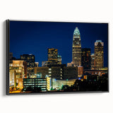 Black and white framed canvas depicting the Charlotte, North Carolina skyline in a vintage poster style.