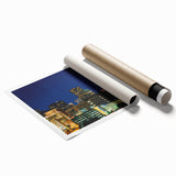 Extra large rolled print of Charlotte skyline with floral motifs in muted pastel shades, ideal for classy bathroom wall art.