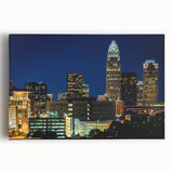 Black and white stretched canvas of Charlotte skyline, ideal for kitchen wall art.
