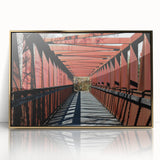 Acrylic print of Durham, North Carolina skyline in gold and blue tones, framed, ideal for modern art wall decor.