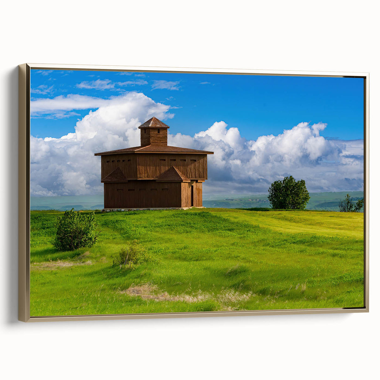 Framed canvas of a vintage-style North Dakota landscape in muted gold and black tones, ideal for bedroom wall art.