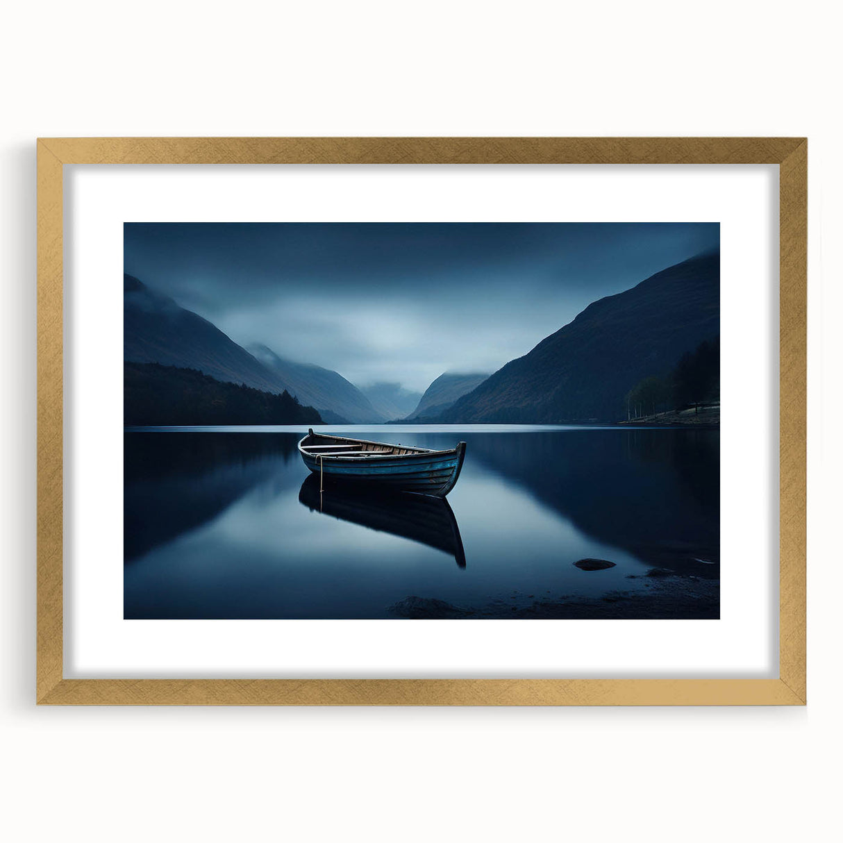 Extra large abstract art print of Adirondack scenery in textured style, framed with a gold mat.
