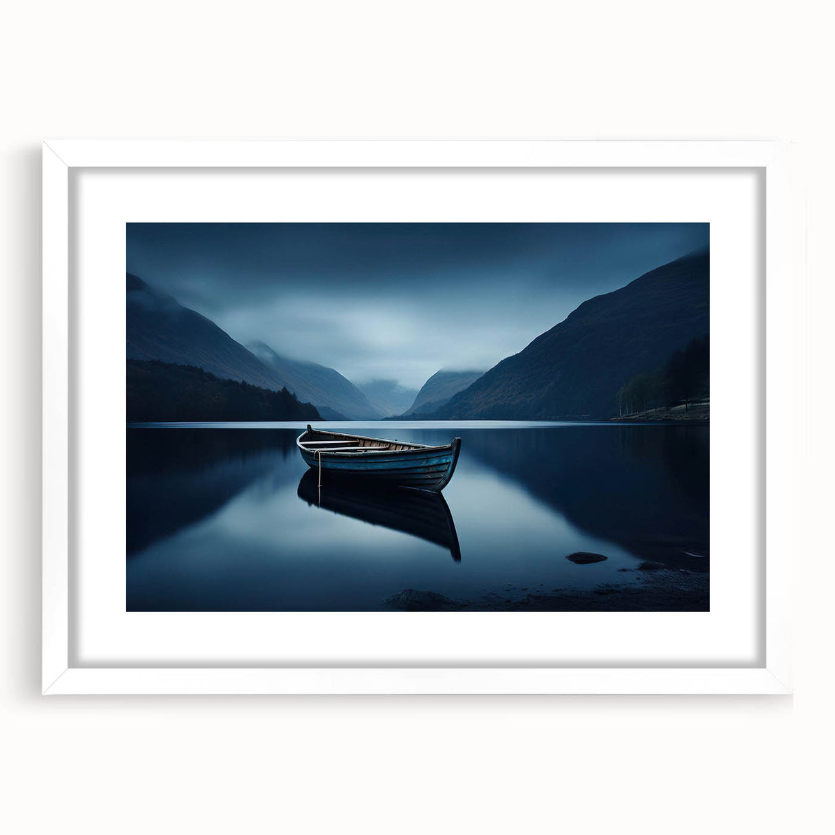 Abstract art print of Adirondacks scenery in muted earth tones on a framed white mat.