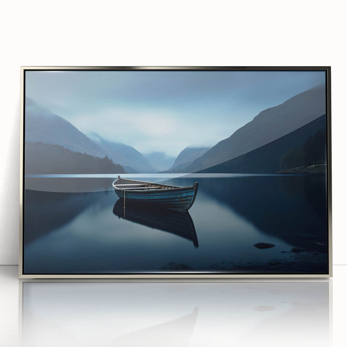 Mid-century modernist art of Adirondacks scenery in silver framed acrylic, with muted earth tones.