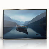 Mid-century modernist art of Adirondacks scenery in silver framed acrylic, with muted earth tones.