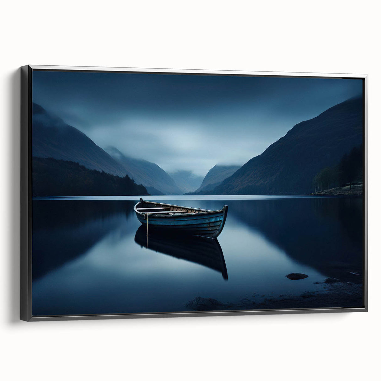 Black and white landscape art painting of the Adirondacks on a framed canvas, suitable for bedroom wall decor.