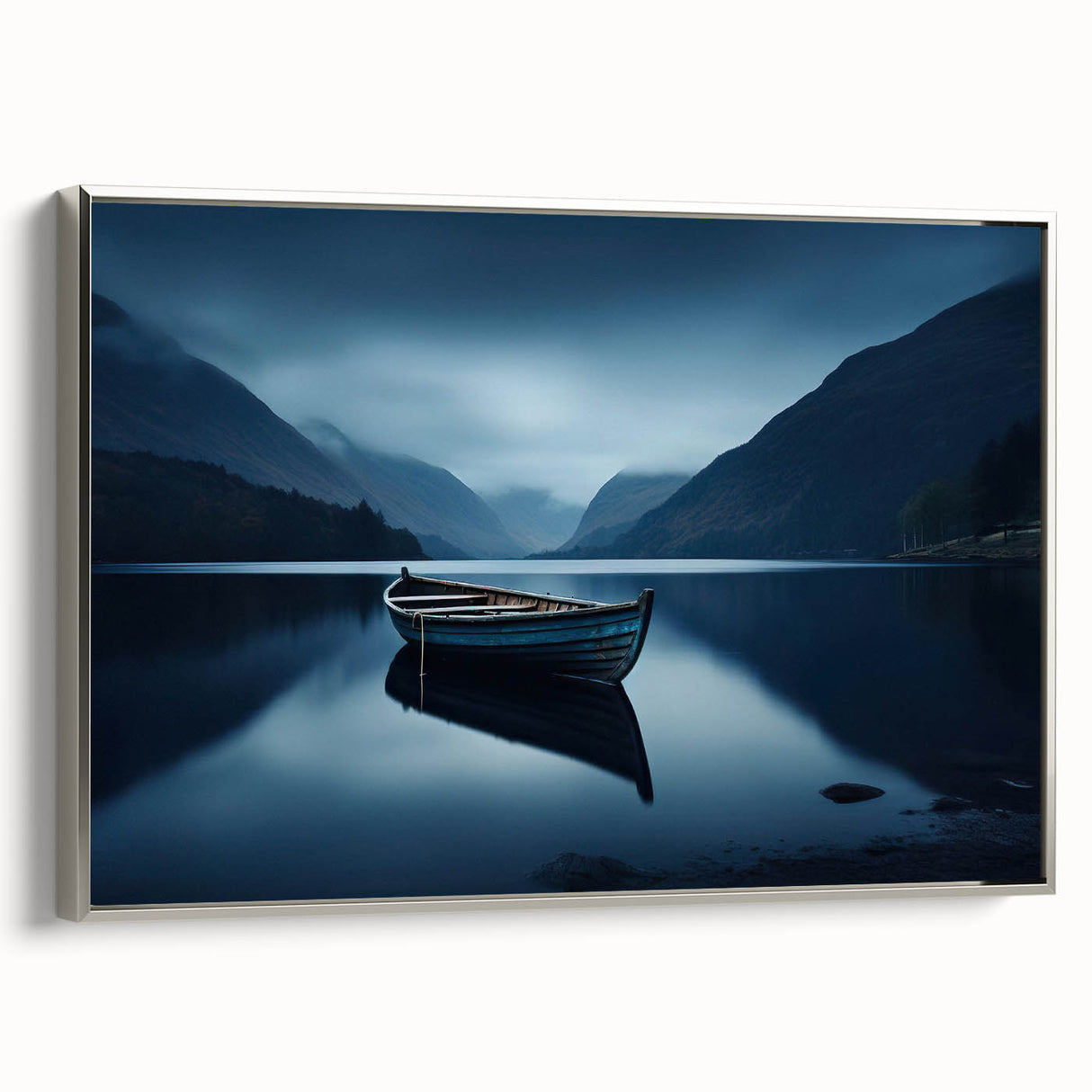 Framed canvas of a vintage-style landscape art painting featuring the Adirondacks in muted colors.