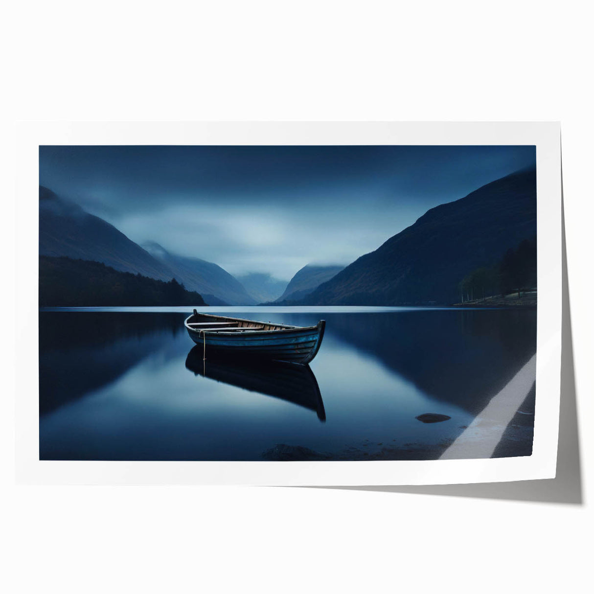 Extra large rolled print featuring a serene Adirondacks scenery in muted green and blue tones.