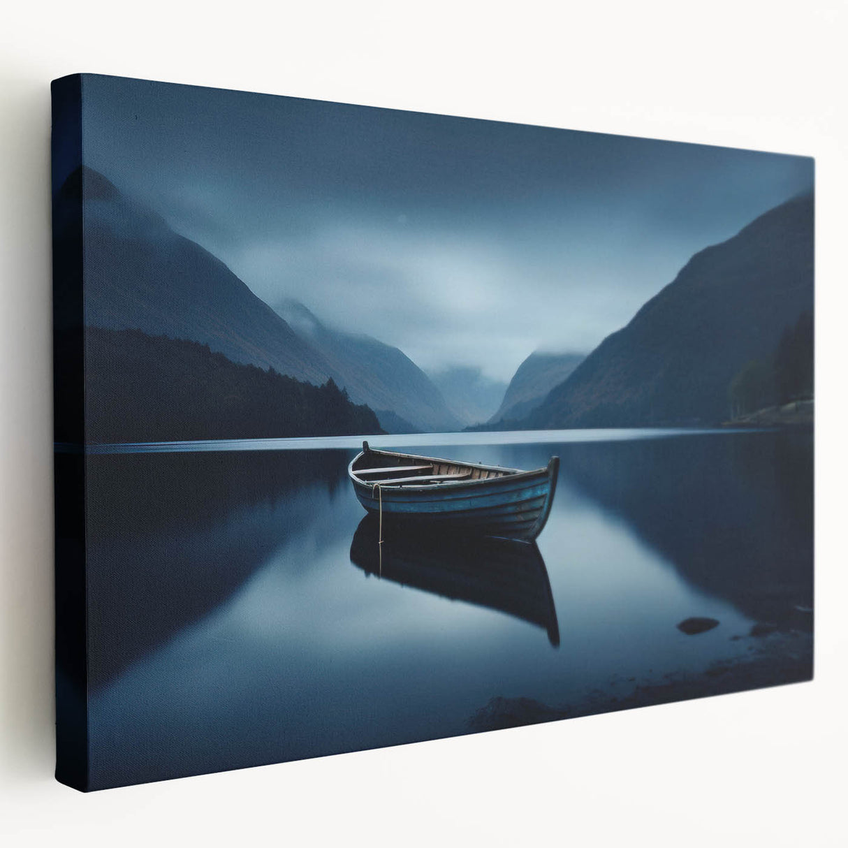 Large canvas print of Adirondacks landscape in subdued green and blue tones, suitable for kitchen wall art.