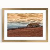 Extra large abstract art print of Long Island scenery in textured shades of blue and green, framed in gold.