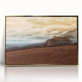 Framed acrylic print of Long Island scenery in mid-century modernist style, featuring muted earth tones.