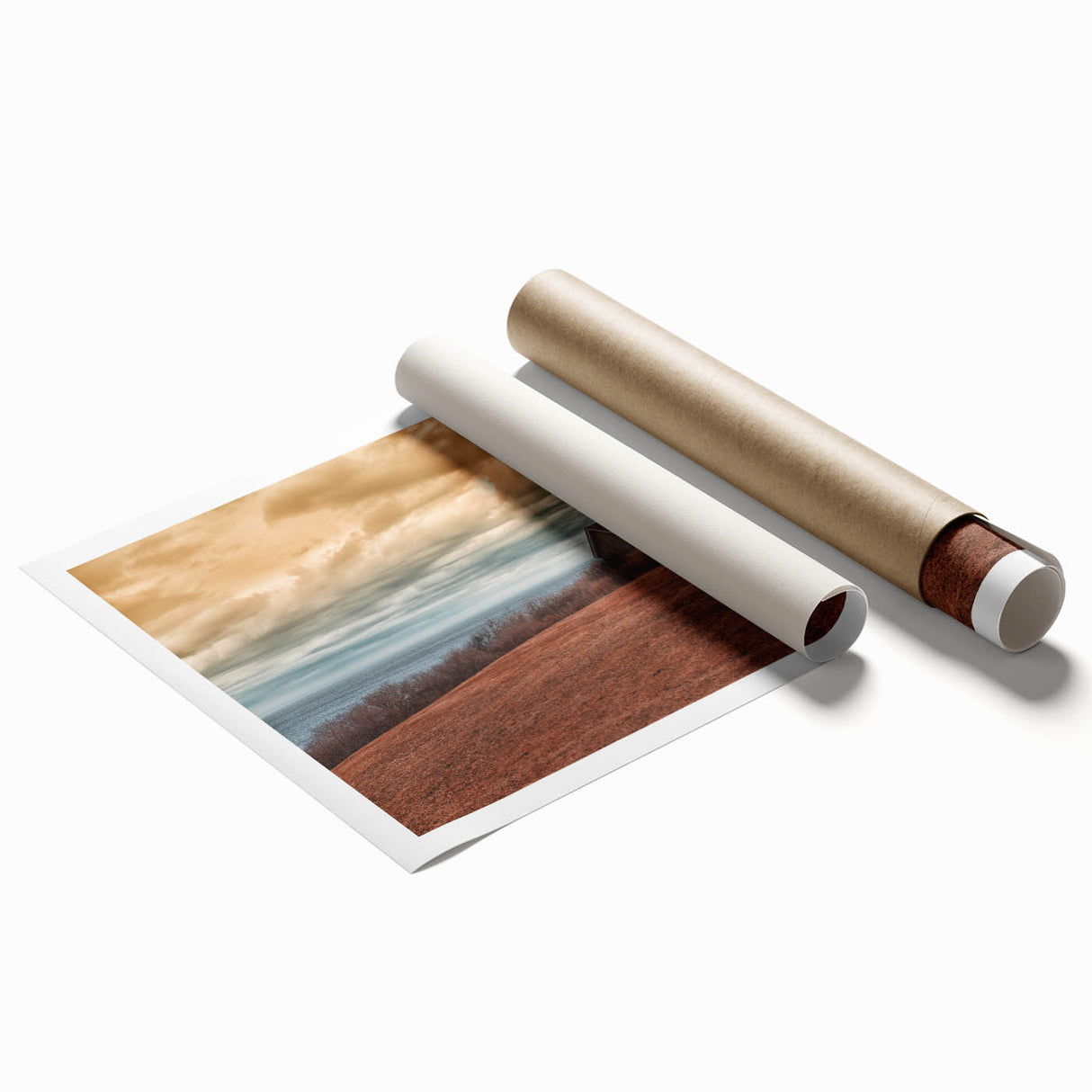 Extra large rolled print of Long Island scenery with soft pastel floral designs.