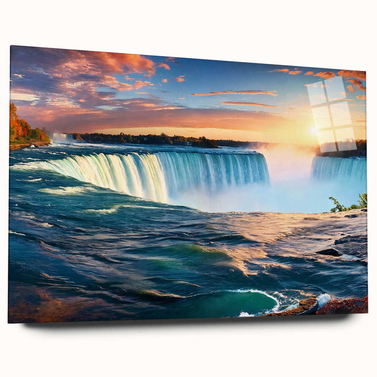 Acrylic print of Niagara Falls in muted blue and grey tones, suitable for bedroom or dining room decor.