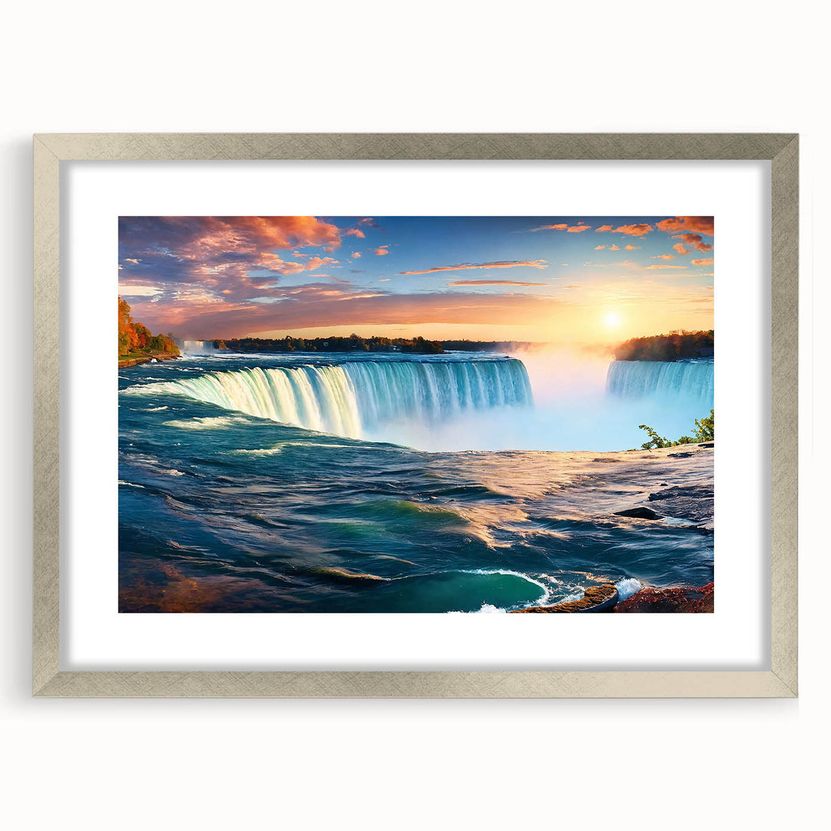 Textured art print of abstract Niagara Falls in muted blue and gray tones on a framed canvas, suitable for bedroom decor.