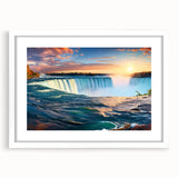 Abstract art print of Niagara Falls in muted blue and green tones on a framed white mat, suitable for dining room decor.