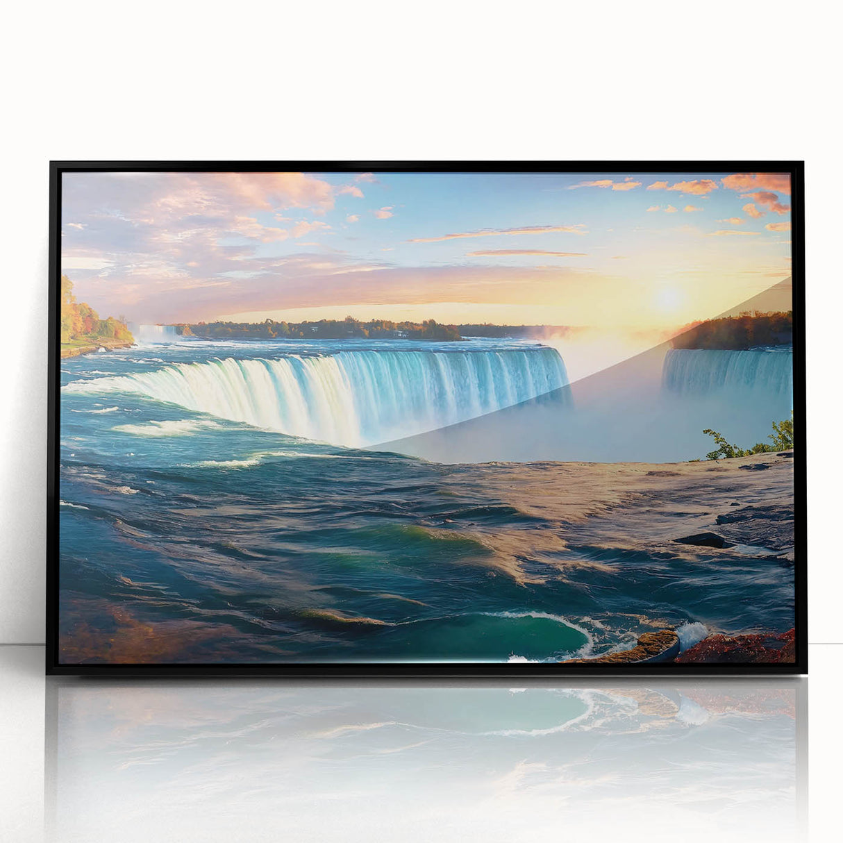 Large abstract wall art depicting Niagara Falls in muted blue and gray tones, framed in black acrylic.