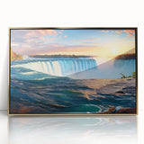 Framed acrylic print of Niagara Falls featuring mid-century modernist style and vibrant blue and white tones.