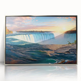 Mid-century modernist art depicting Niagara Falls in muted blue and gray tones on a framed acrylic print.