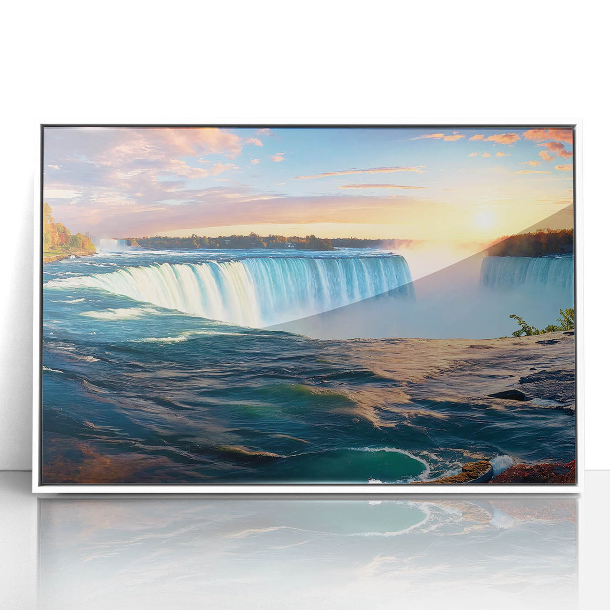 Art deco poster of Niagara Falls in muted gray and blue tones, framed acrylic print, ideal for modern art wall decor.