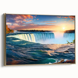 Framed canvas wall art depicting Niagara Falls in vintage poster style with muted earth tones, ideal for bedroom decor.