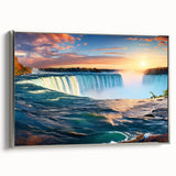 Landscape art painting of Niagara Falls in colorful hues on a framed canvas, ideal for living room decor.