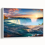 Vintage poster art of Niagara Falls in vibrant colors on a framed canvas, ideal for living room decor.