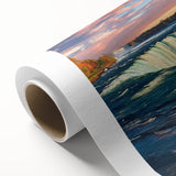 Art deco poster of Niagara Falls in pastel blue and green tones on rolled canvas, ideal for nursery wall art.