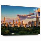 Acrylic print of Central Park in autumn with vivid green and orange tones, suitable for bedroom or dining room decor.