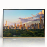 Framed acrylic print of Central Park with autumn trees in gold tones, ideal for modern art wall decor.