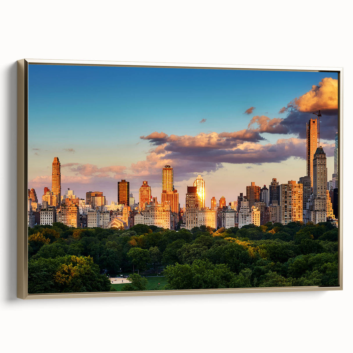 Framed canvas depicting Central Park with vintage poster art style in black and gold tones, ideal for bedroom wall art.