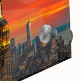 Large abstract wall art of NYC Empire State Building in muted gray and blue tones on acrylic glass.