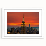 Abstract art print of NYC skyline in muted gray and blue tones on a white framed poster, ideal for dining room decor.