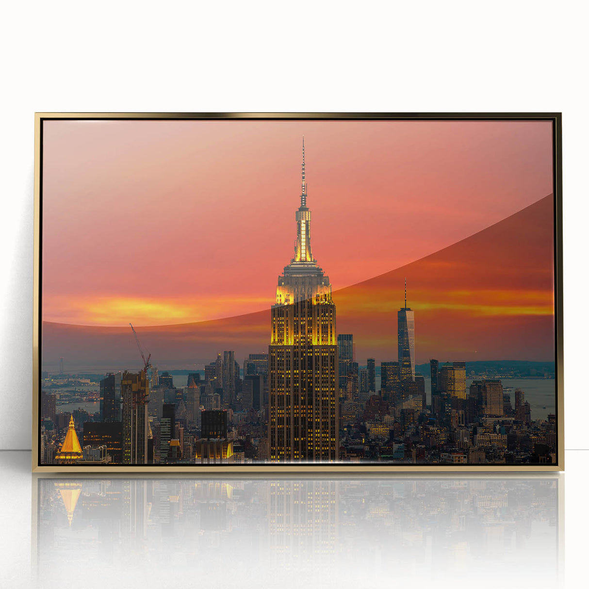 Mid-century modernist style large art print of NYC skyline in gold and black tones, acrylic framed.