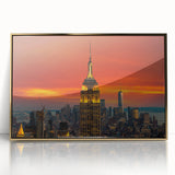 Mid-century modernist style large art print of NYC skyline in gold and black tones, acrylic framed.