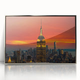 Mid-century modernist art of NYC Empire State Building in muted silver tones on framed acrylic.