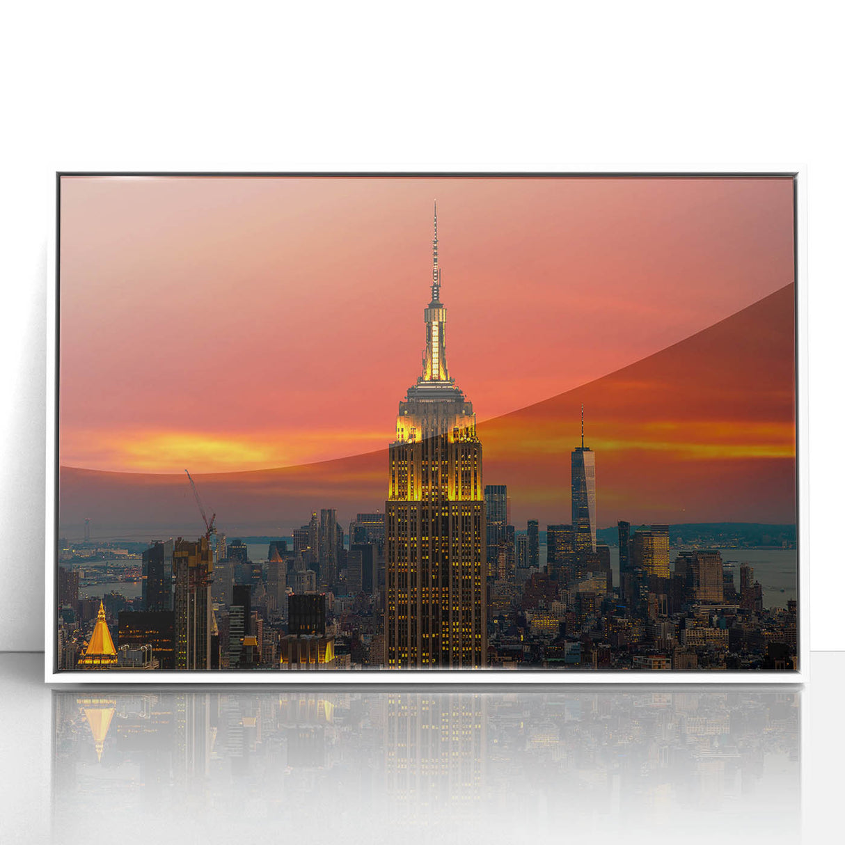 Art Deco style poster of NYC Empire State Building in monochrome, acrylic framed, suitable as modern art wall decor.