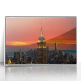 Art Deco style poster of NYC Empire State Building in monochrome, acrylic framed, suitable as modern art wall decor.