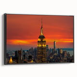 Framed canvas featuring a black and white vintage poster art of the NYC Empire State Building, ideal for bedroom wall decor.