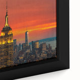 Close-up of a textured, extra large framed canvas featuring a colorful New York City Empire State Building.