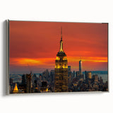 Framed canvas of the NYC Empire State Building in monochrome with colorful accents, ideal for office decor.