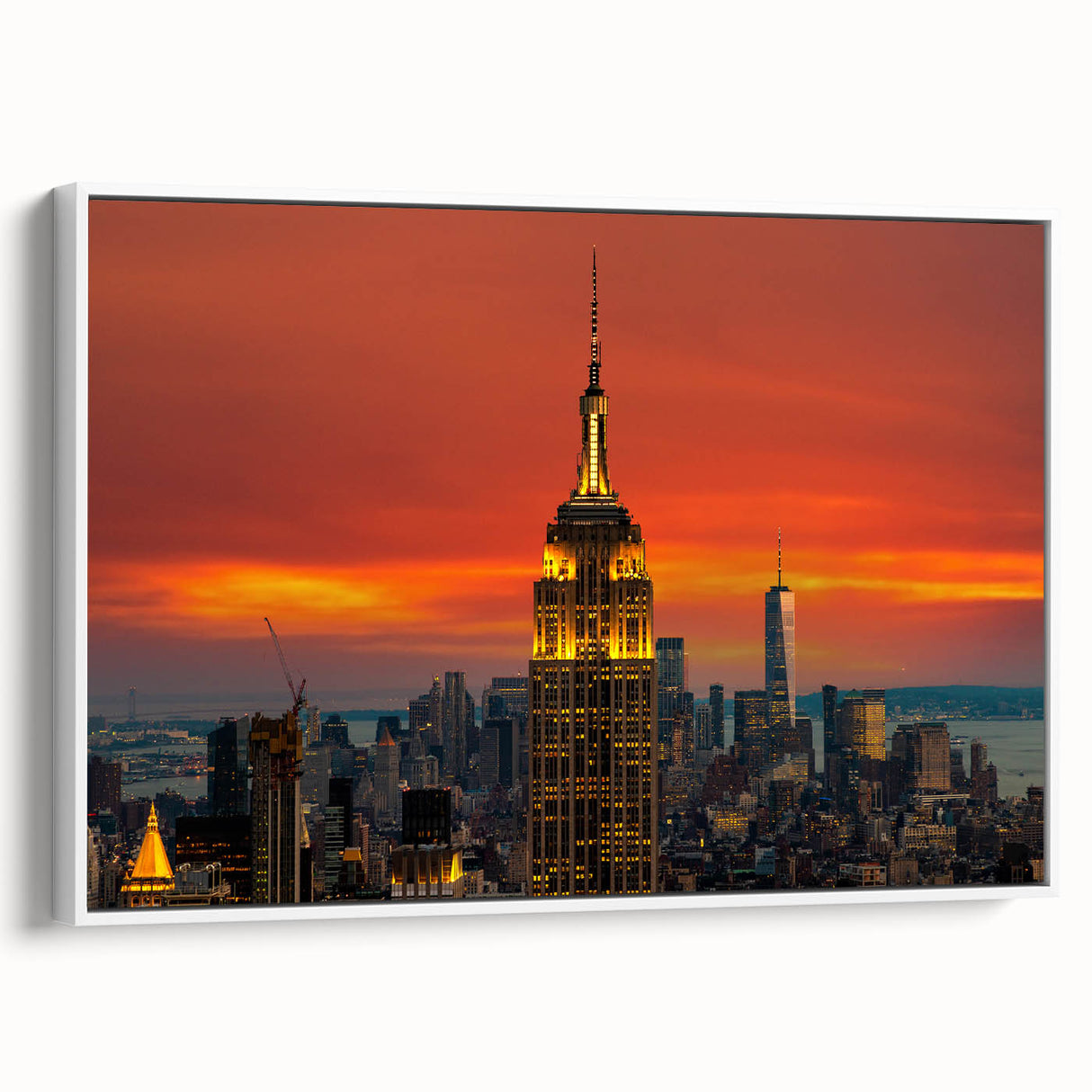 Vintage poster art of NYC Empire State Building in colorful hues on a large framed canvas, suitable for living room decor.