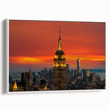 Vintage poster art of NYC Empire State Building in colorful hues on a large framed canvas, suitable for living room decor.