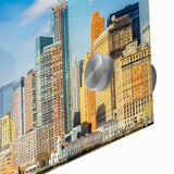 Large abstract wall art of Manhattan skyline in muted gray and blue tones on acrylic glass, ideal for dining room art.