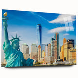 Large abstract depiction of Manhattan skyline in muted grays and blues on acrylic glass.